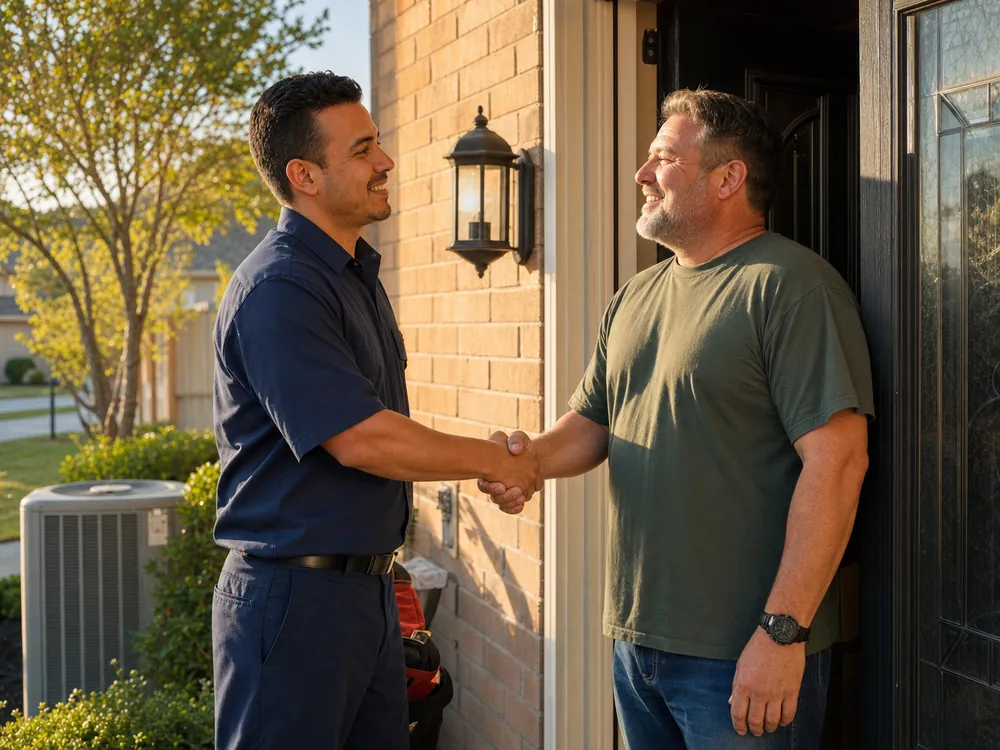 A service technician shaking hands with a homeowner on a front porch after finishing a service call